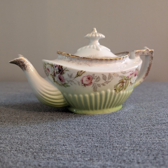 Antique Teapot and Creamer, Green/White with Gold Trim, Pink/Red Rose Pa… - Picture 5 of 9
